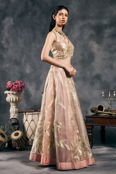 Buy_Vandana Sethi_Pink Silk , Embroidery, Sequins, Gota Patti Halter Lehenga Set _Online_at_Aza_Fashions