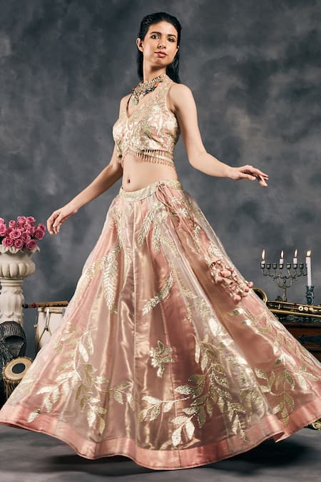 Shop_Vandana Sethi_Pink Silk , Embroidery, Sequins, Gota Patti Halter Lehenga Set _Online_at_Aza_Fashions
