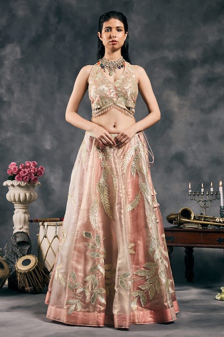 Vandana Sethi_Pink Silk , Embroidery, Sequins, Gota Patti Halter Lehenga Set _at_Aza_Fashions