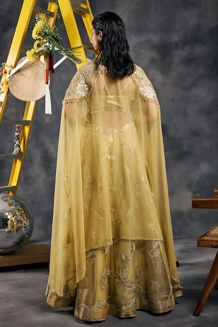 Vandana Sethi Gota Embroidered Yellow Fusion Lehenga Set 