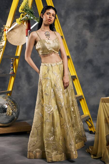 Buy_Vandana Sethi_Yellow Silk Organza Embroidery Square Neck Gota Fusion Lehenga Set _Online_at_Aza_Fashions