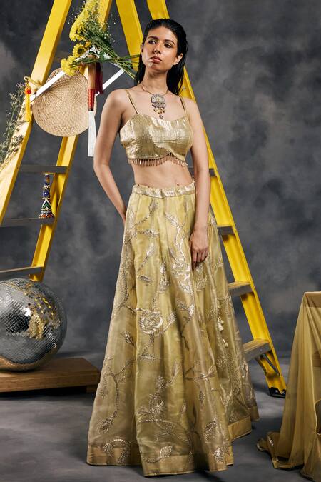 Shop_Vandana Sethi_Yellow Silk Organza Embroidery Square Neck Gota Fusion Lehenga Set _Online_at_Aza_Fashions