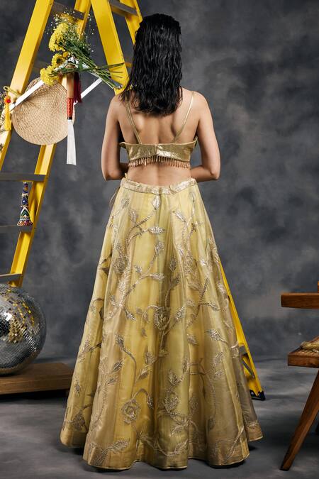 Vandana Sethi_Yellow Silk Organza Embroidery Square Neck Gota Fusion Lehenga Set _at_Aza_Fashions