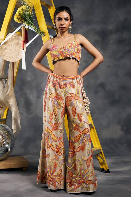 Buy_Vandana Sethi_Multi Color Organza Beads Sweetheart Neck Multi-color Embroidered Sharara Set _Online_at_Aza_Fashions