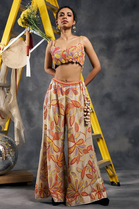 Shop_Vandana Sethi_Multi Color Organza Beads Sweetheart Neck Multi-color Embroidered Sharara Set _Online_at_Aza_Fashions