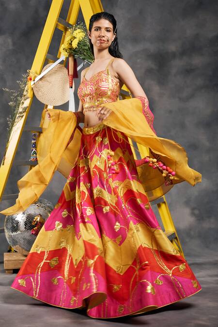 Buy_Vandana Sethi_Multi Color Silk Gota Patti, Tassels Multi-color Embroidered Lehenga Set _Online_at_Aza_Fashions
