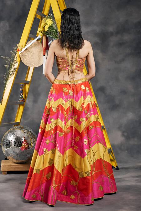 Vandana Sethi_Multi Color Silk Gota Patti, Tassels Multi-color Embroidered Lehenga Set _at_Aza_Fashions