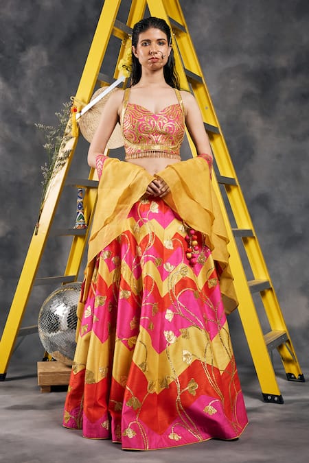 Vandana Sethi Multi Color Silk Gota Patti, Tassels Multi-color Embroidered Lehenga Set 
