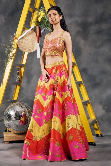 Buy_Vandana Sethi_Multi Color Silk Gota Patti, Tassels Multi-color Embroidered Lehenga Set 