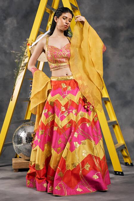 Shop_Vandana Sethi_Multi Color Silk Gota Patti, Tassels Multi-color Embroidered Lehenga Set 