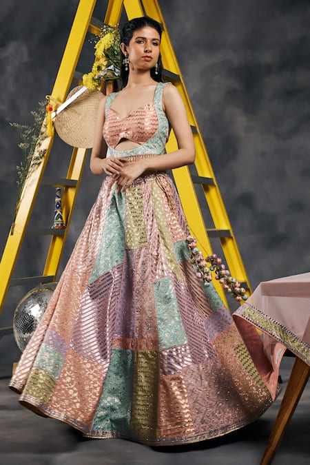 Vandana Sethi_Multi Color Chanderi Silk, Chiffon Tassels, Sequins, Multi-color Lehenga Set _at_Aza_Fashions