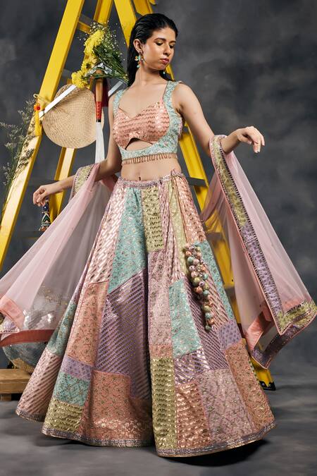 Buy_Vandana Sethi_Multi Color Chanderi Silk, Chiffon Tassels, Sequins, Multi-color Lehenga Set 