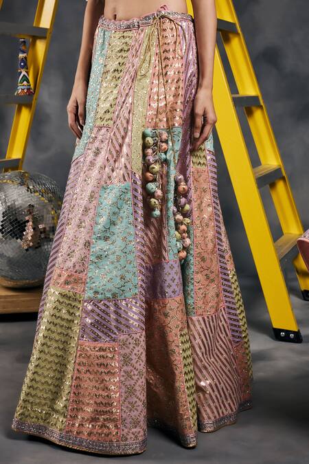 Shop_Vandana Sethi_Multi Color Chanderi Silk, Chiffon Tassels, Sequins, Multi-color Lehenga Set 