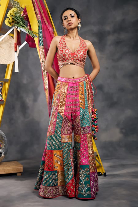 Vandana Sethi Red Silk Sequins Halter Neck Multi-color Sharara Set 
