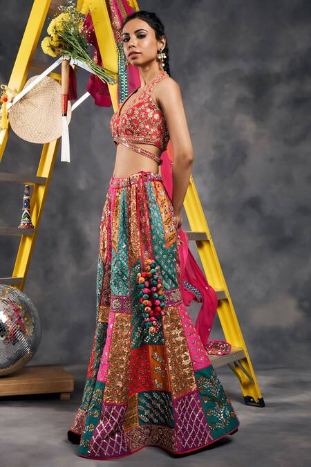 Buy_Vandana Sethi_Red Silk Sequins Halter Neck Multi-color Sharara Set _Online_at_Aza_Fashions