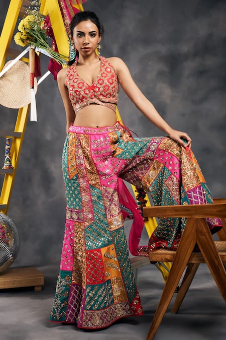 Shop_Vandana Sethi_Red Silk Sequins Halter Neck Multi-color Sharara Set _Online_at_Aza_Fashions