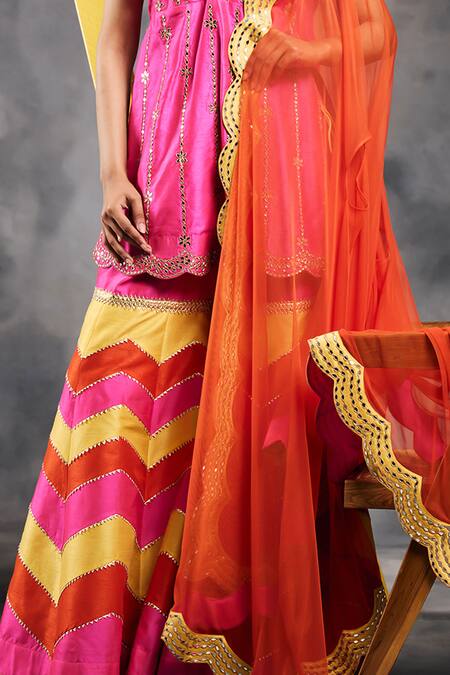 Shop_Vandana Sethi_Pink Silk Mirrors, Pom-poms, Embroidery V-neck Multi-color Kurta Set _Online_at_Aza_Fashions