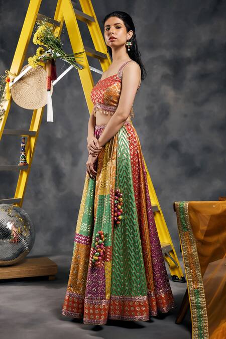 Buy_Vandana Sethi_Multi Color Chanderi Silk Pom-poms, Multi-color Gota Embroidered Lehenga Set _Online_at_Aza_Fashions