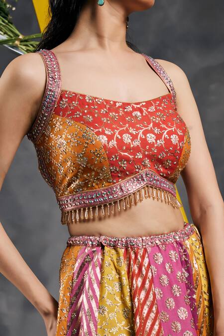 Shop_Vandana Sethi_Multi Color Chanderi Silk Pom-poms, Multi-color Gota Embroidered Lehenga Set _Online_at_Aza_Fashions