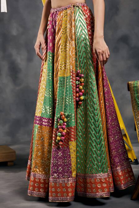 Vandana Sethi_Multi Color Chanderi Silk Pom-poms, Multi-color Gota Embroidered Lehenga Set _at_Aza_Fashions