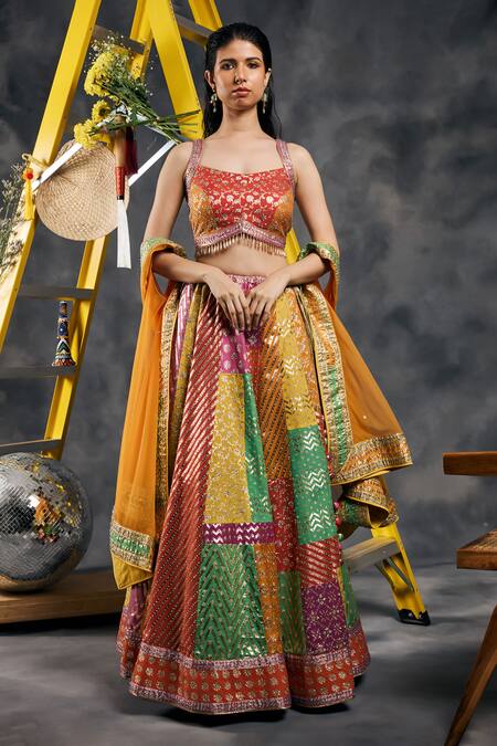 Buy_Vandana Sethi_Multi Color Chanderi Silk Pom-poms, Multi-color Gota Embroidered Lehenga Set 