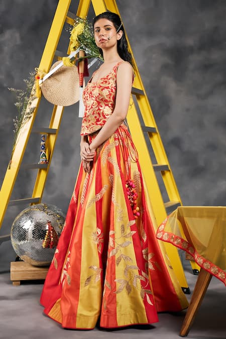 Shop_Vandana Sethi_Red Silk Gota Patti Square Neck Embroidered Classic Lehenga Set _Online_at_Aza_Fashions