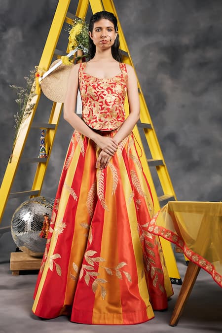 Vandana Sethi_Red Silk Gota Patti Square Neck Embroidered Classic Lehenga Set _at_Aza_Fashions