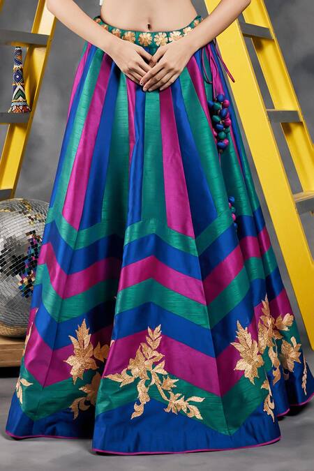 Buy_Vandana Sethi_Blue Silk Gota Patti, Embroidery Halter And Green Fusion Lehenga With Blouse _Online_at_Aza_Fashions