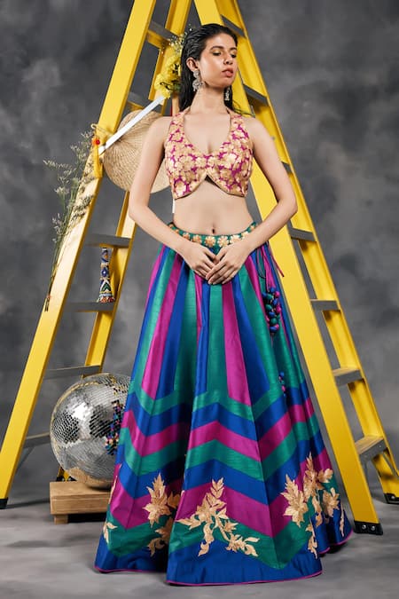 Vandana Sethi Blue & Green Gota Embroidered Fusion Lehenga With Blouse 