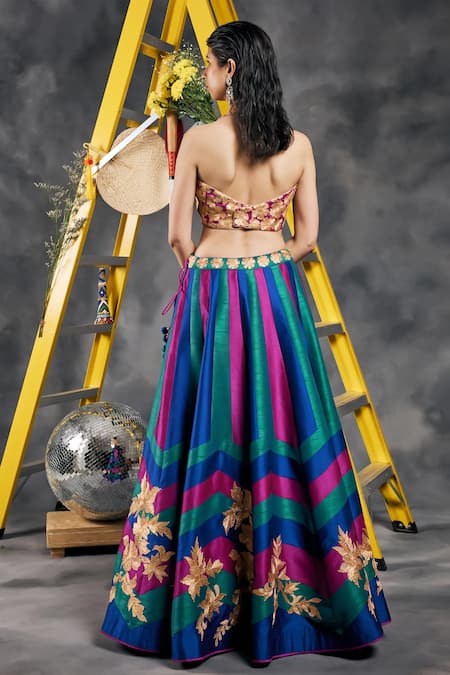 Vandana Sethi Blue & Green Gota Embroidered Fusion Lehenga With Blouse 