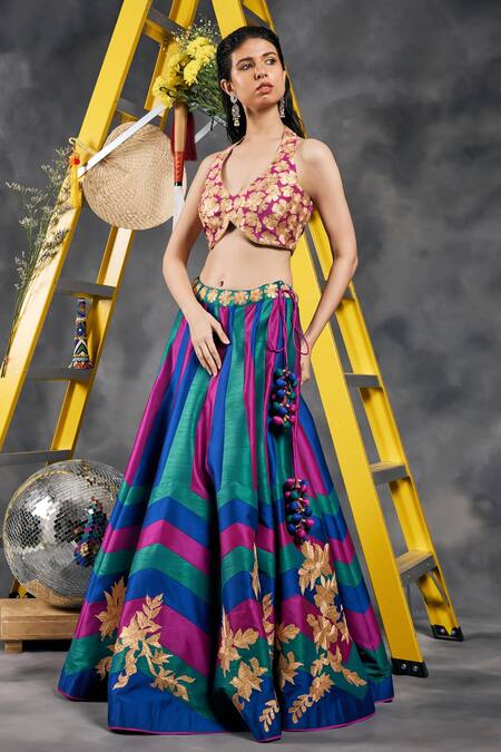 Buy_Vandana Sethi_Blue Silk Gota Patti, Embroidery Halter And Green Fusion Lehenga With Blouse 