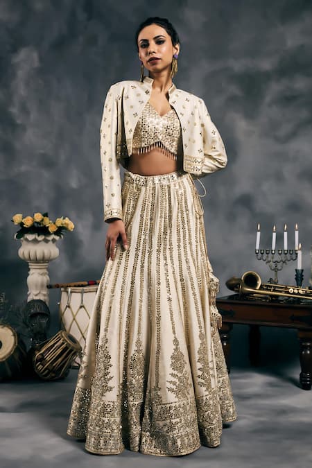 Vandana Sethi Ivory Mirror Embroidered Fusion Lehenga Set 
