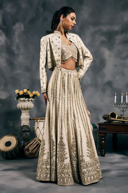 Shop_Vandana Sethi_Ivory Silk, Satin Mirrors, Embroidery V-, Round Fusion Lehenga Set _Online_at_Aza_Fashions