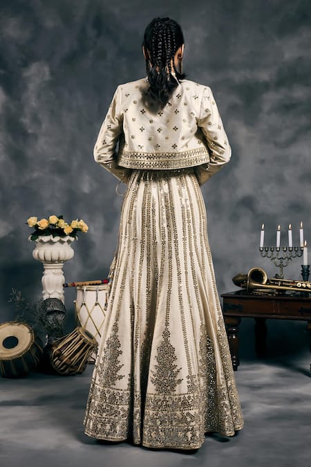 Vandana Sethi Ivory Mirror Embroidered Fusion Lehenga Set 