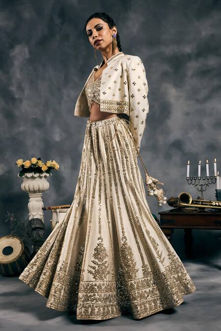Buy_Vandana Sethi_Ivory Silk, Satin Mirrors, Embroidery V-, Round Fusion Lehenga Set 