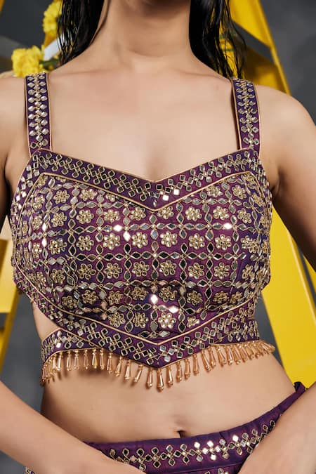 Buy Vandana Sethi Purple Silk Tassels Sweetheart Neck Mirror Embroidered Lehenga Set Online at Aza Fashions Buy_Vandana Sethi_Purple Silk Tassels Sweetheart Neck Mirror Embroidered Lehenga Set _Online_at_Aza_Fashions