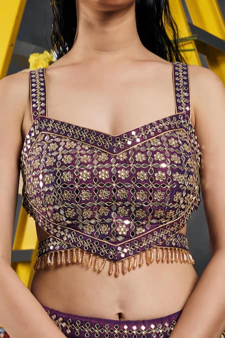 Shop Vandana Sethi Purple Silk Tassels Sweetheart Neck Mirror Embroidered Lehenga Set Online at Aza Fashions Shop_Vandana Sethi_Purple Silk Tassels Sweetheart Neck Mirror Embroidered Lehenga Set _Online_at_Aza_Fashions