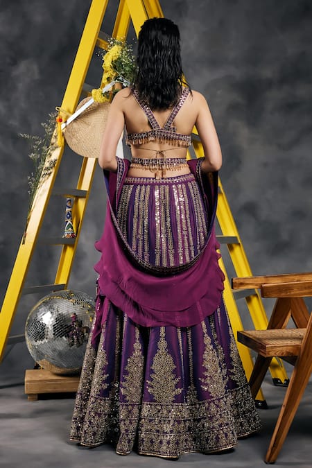 Vandana Sethi Purple Mirror Embroidered Lehenga Set 