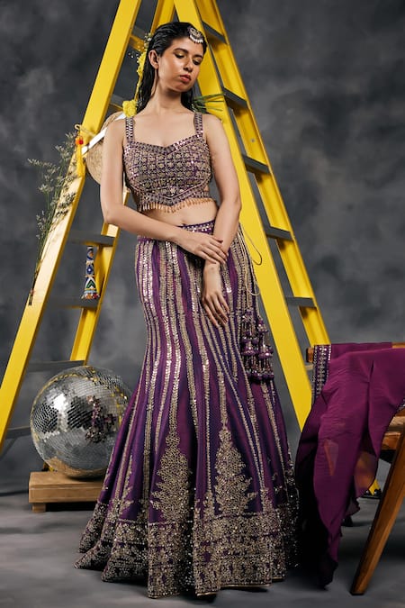 Vandana Sethi Purple Silk Tassels Sweetheart Neck Mirror Embroidered Lehenga Set at Aza Fashions Vandana Sethi_Purple Silk Tassels Sweetheart Neck Mirror Embroidered Lehenga Set _at_Aza_Fashions