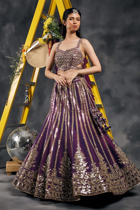 Buy Vandana Sethi Purple Silk Tassels Sweetheart Neck Mirror Embroidered Lehenga Set Buy_Vandana Sethi_Purple Silk Tassels Sweetheart Neck Mirror Embroidered Lehenga Set