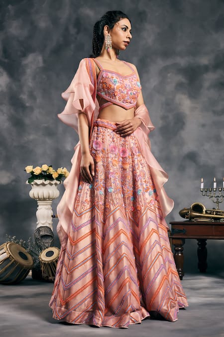 Buy_Vandana Sethi_Multi Color Organza Beads V-neck Multi-color Embroidered Lehenga Set _Online_at_Aza_Fashions
