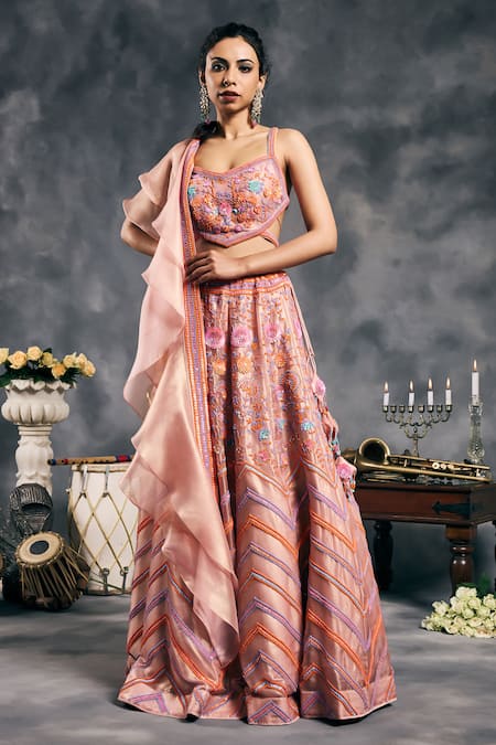 Shop_Vandana Sethi_Multi Color Organza Beads V-neck Multi-color Embroidered Lehenga Set _Online_at_Aza_Fashions