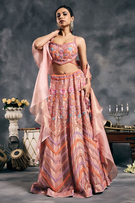Vandana Sethi_Multi Color Organza Beads V-neck Multi-color Embroidered Lehenga Set _at_Aza_Fashions