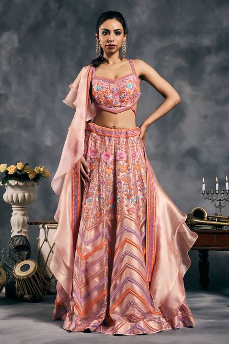 Buy_Vandana Sethi_Multi Color Organza Beads V-neck Multi-color Embroidered Lehenga Set 