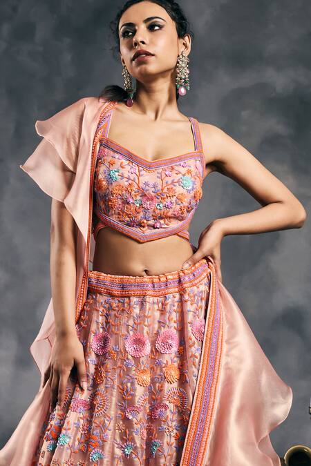 Shop_Vandana Sethi_Multi Color Organza Beads V-neck Multi-color Embroidered Lehenga Set 