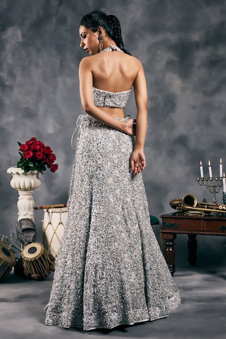 Vandana Sethi Silver Sequined Fusion Lehenga Set 