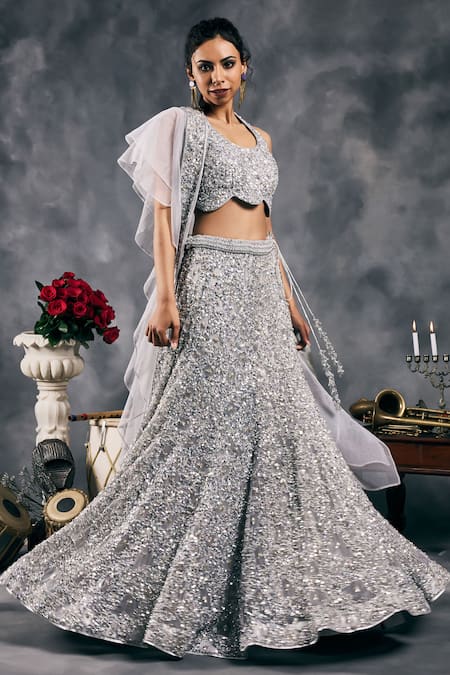 Shop_Vandana Sethi_Silver Net Sequins Halter Neck Fusion Lehenga Set _Online_at_Aza_Fashions