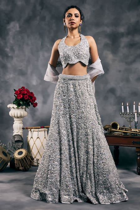 Vandana Sethi_Silver Net Sequins Halter Neck Fusion Lehenga Set _at_Aza_Fashions
