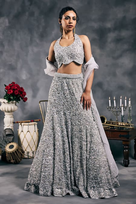 Vandana Sethi Silver Net Sequins Halter Neck Fusion Lehenga Set 
