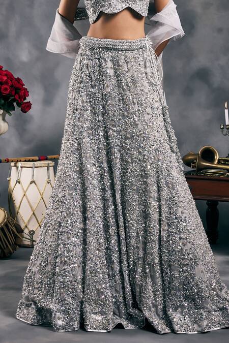 Buy_Vandana Sethi_Silver Net Sequins Halter Neck Fusion Lehenga Set 